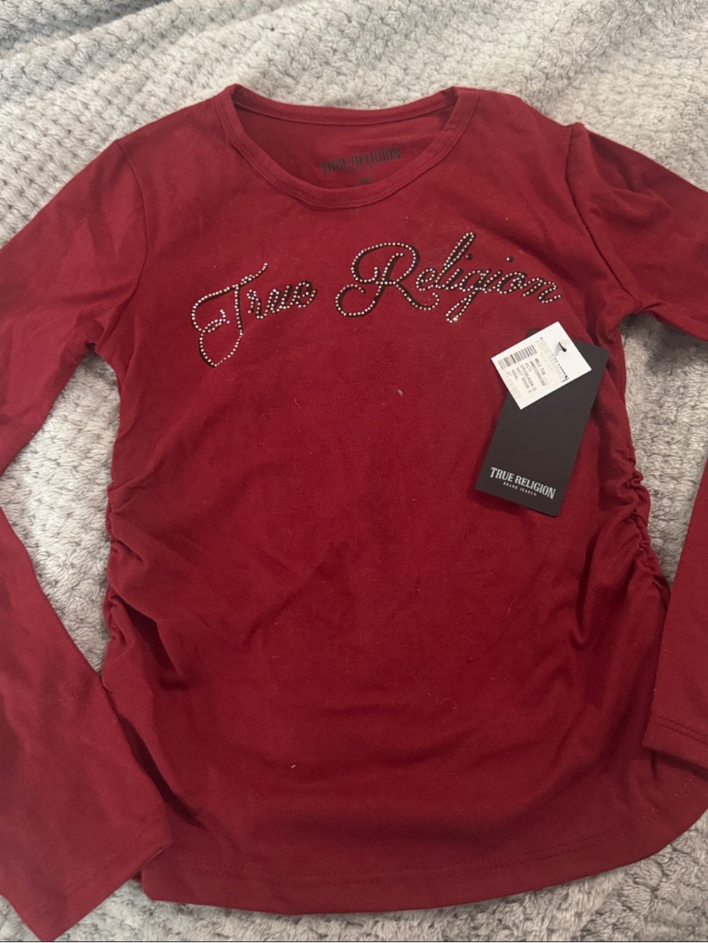 True Religion Red Long Sleeve Rhinestone Script Tee